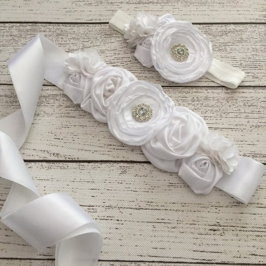 White Flowers Headband With Sash Belt Set