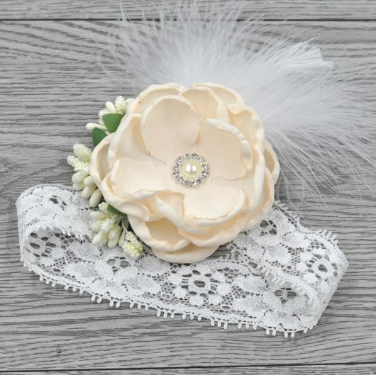 Vintage Ivory Flower Headband With Feather